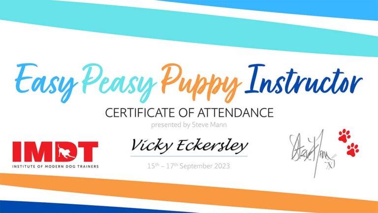 IMDT Puppy Instructor Certificate. Certificate of Attendance For Vicky Eckersley.