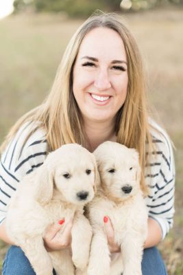 Vicky Eckersley with two Groodle puppies